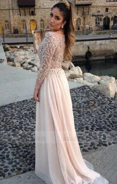 A-line Chiffon Bateau Long Sleeves Beading Floor-length Prom Dresses,BD99874