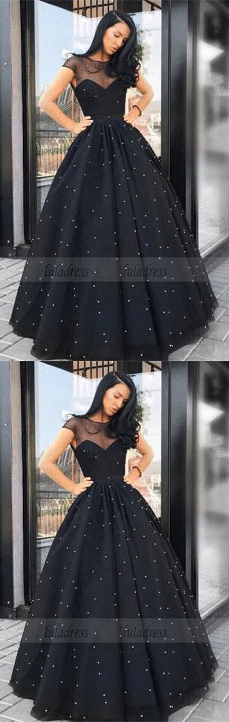 A-Line Round Neck Floor-Length Black Tulle Prom Dress with Pearls,BD98669