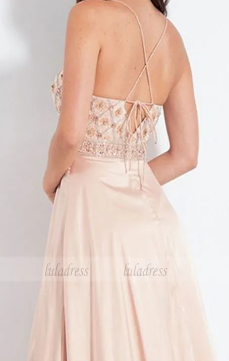 A-Line Spaghetti Straps Sweep Train Beige Prom Dress with Beading Split,BD99547