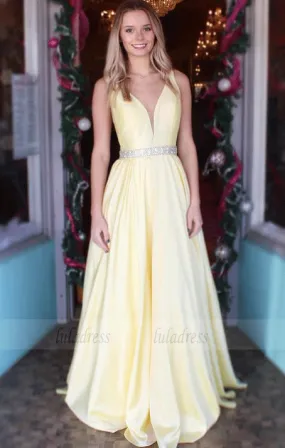 A-Line Straps Yellow Long Prom Dress with Beading Belt, BW97649