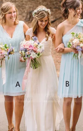 A-Line V-Neck Short Chiffon Bridesmaid Dress with Lace,BD99840