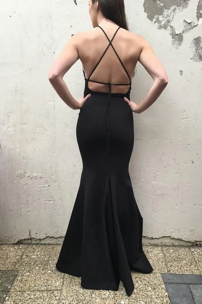 Alluring Black Halter Backless Plain Sheath Prom Dress, PD2305180