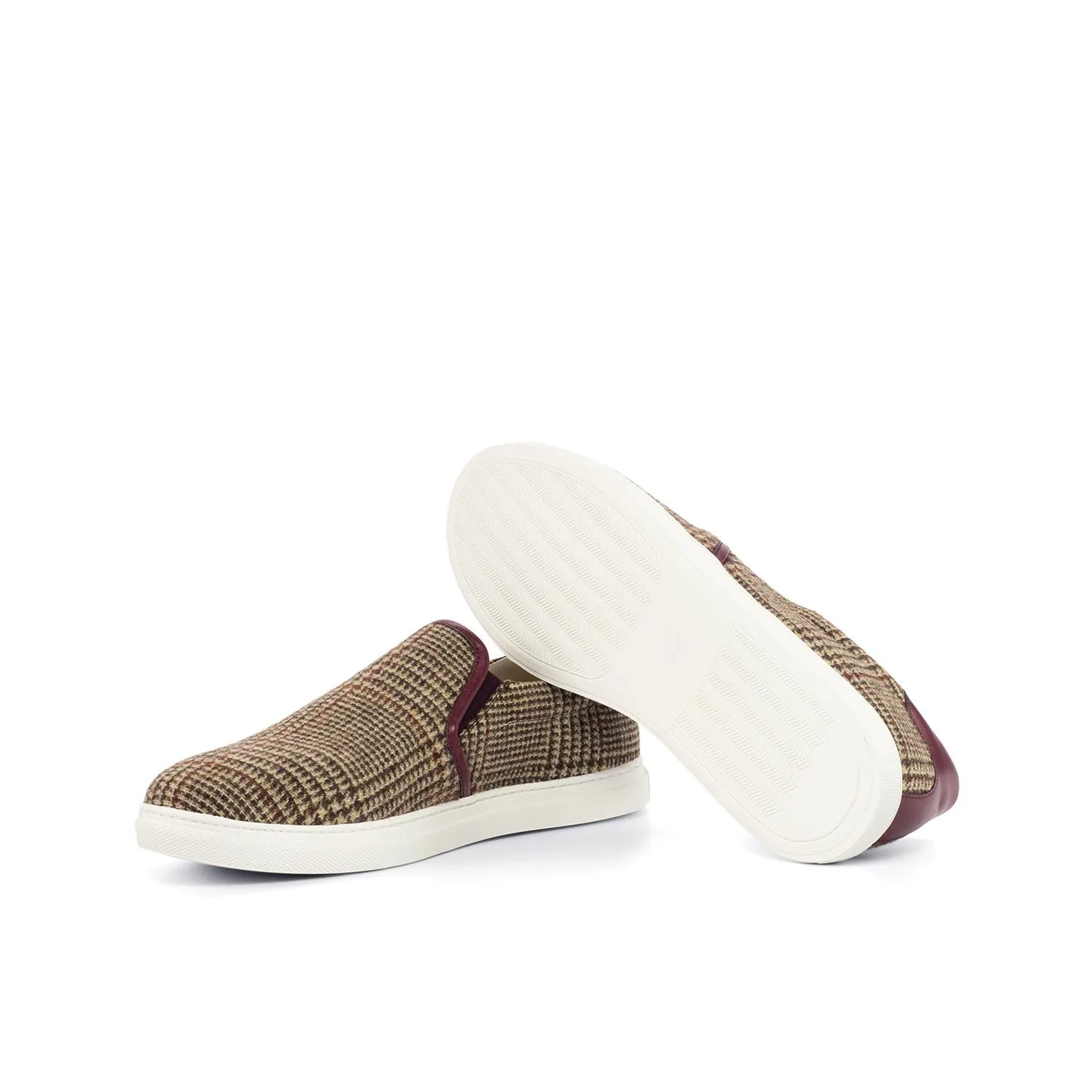 Ambrogio Bespoke Custom Men's Shoes Beige & Burgundy Tweed Sartorial Fabric / Calf-Skin Leather Slip-On Sneakers (AMB2121)