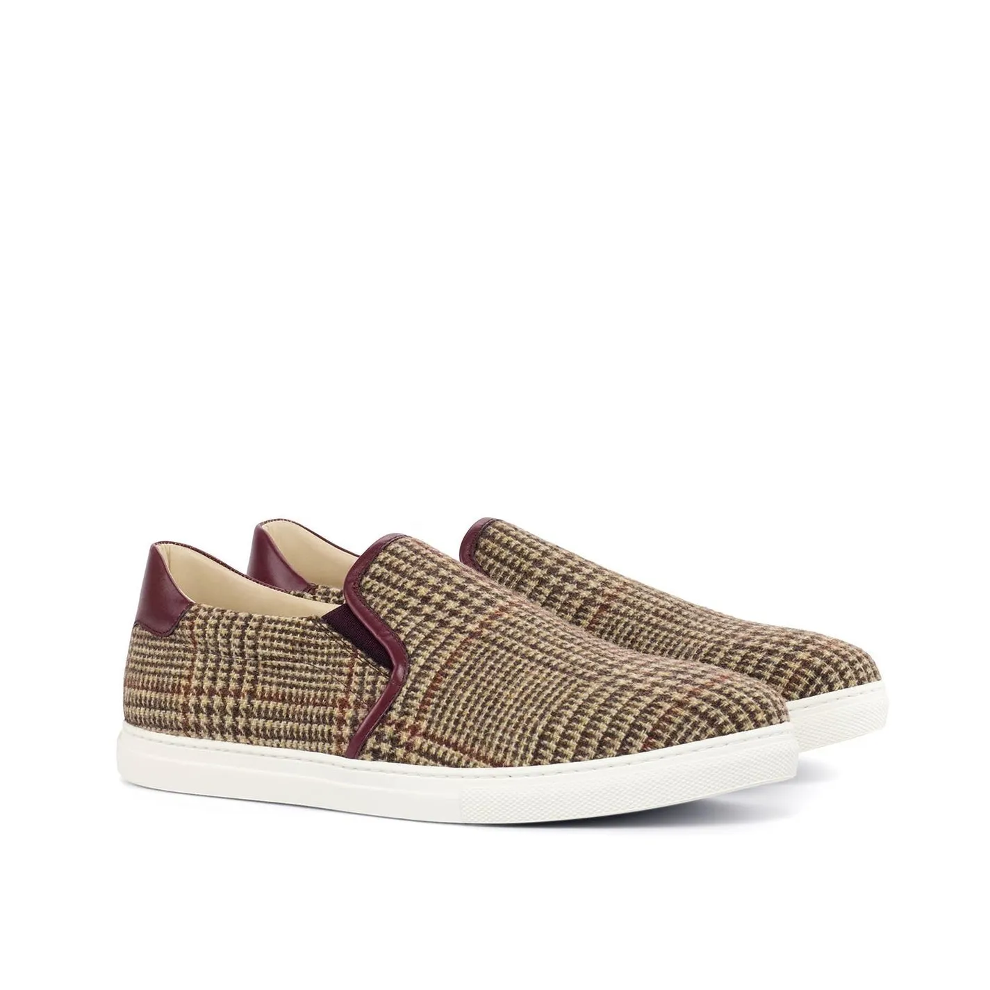 Ambrogio Bespoke Custom Men's Shoes Beige & Burgundy Tweed Sartorial Fabric / Calf-Skin Leather Slip-On Sneakers (AMB2121)