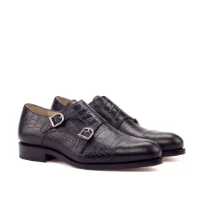 Ambrogio Bespoke Custom Men's Shoes Black & Burgundy Crocodile Print / Polished Leather Monk-Straps Loafers (AMB1930)