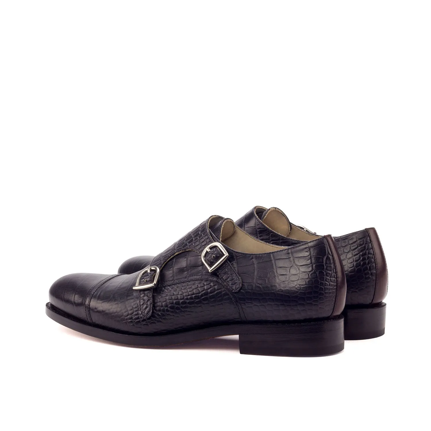 Ambrogio Bespoke Custom Men's Shoes Black & Burgundy Crocodile Print / Polished Leather Monk-Straps Loafers (AMB1930)