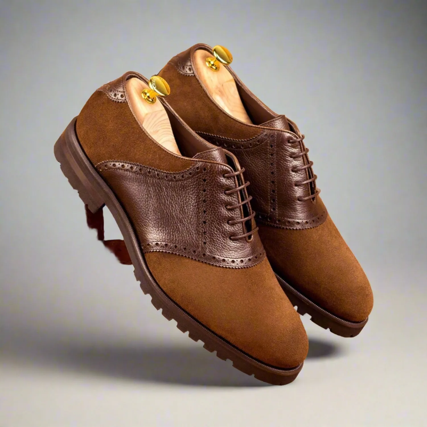 Ambrogio Bespoke Custom Men's Shoes Two-Tone Brown Suede / Full Grain Leather Saddle Oxfords (AMB2008)