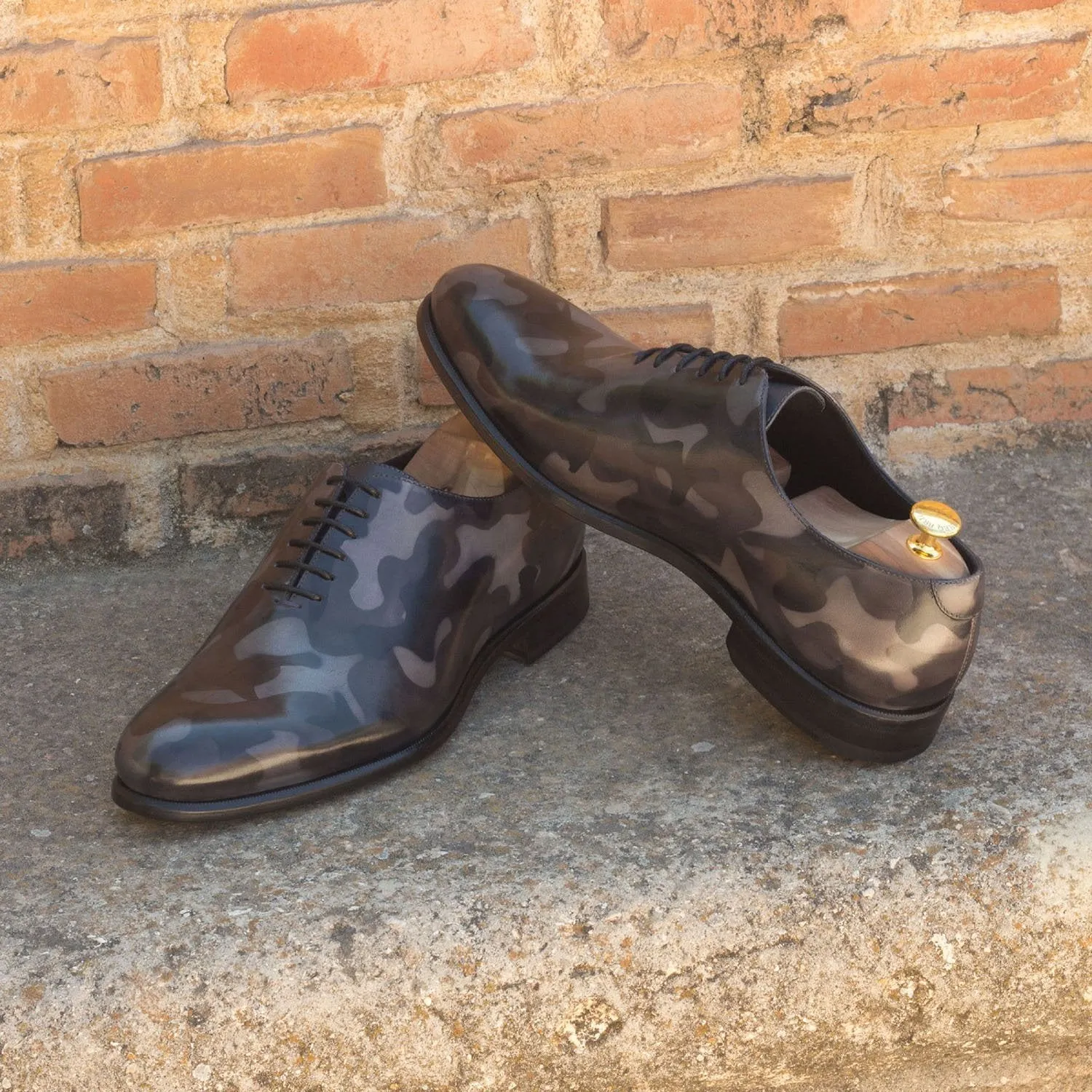 Ambrogio Bespoke Men's Handmade Custom Made Shoes Gray Camo Patina Leather Dress Oxfords (AMB1297)