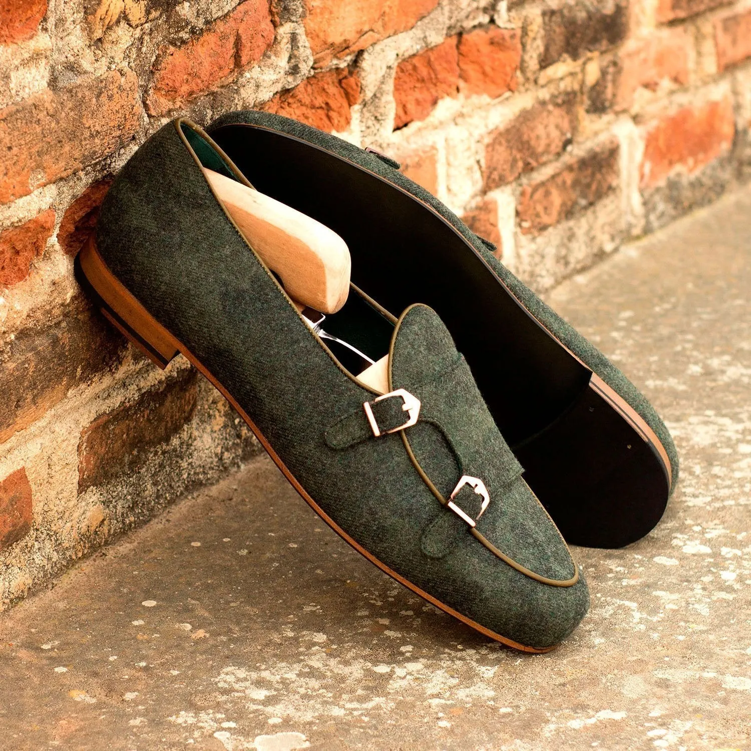 Ambrogio Bespoke Men's Handmade Custom Made Shoes Green Camo Flannel Sartorial Monk Slipper Loafers (AMB1272)