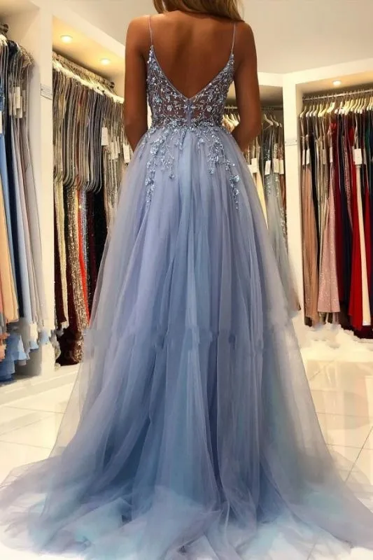 Appliques Breath-taking Sleeveless Tulle Ocean Blue Split Prom Dresses,BD2988