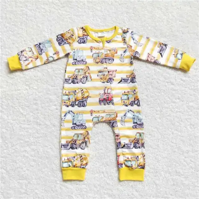 Baby Romper - Boys - Cheerful Construction Vehicles Yellow