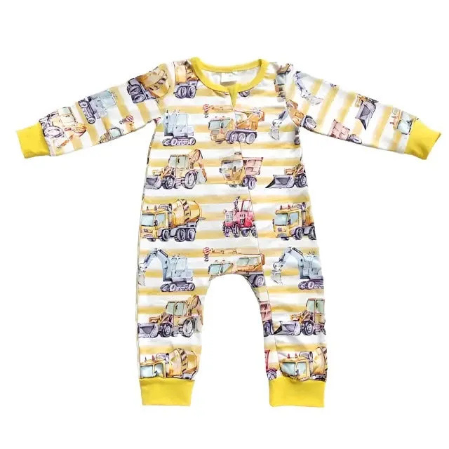 Baby Romper - Boys - Cheerful Construction Vehicles Yellow