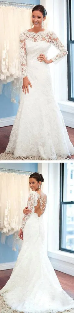 Backless Lace Mermaid Wedding Dress with Round Neck and Long Sleeves, WD2305081