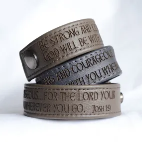 Be Strong and Courageous, Joshua 1:9 – Engraved Italian Leather Bracelet, Black