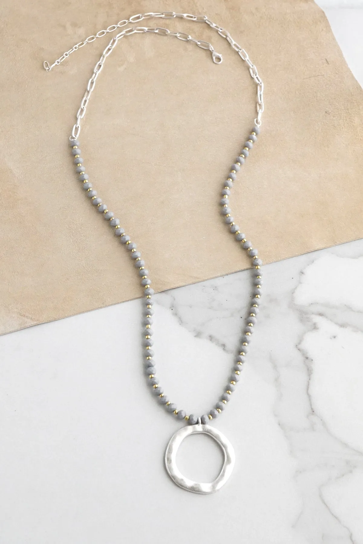 Beaded Necklace with Silver Tone Circle Pendant