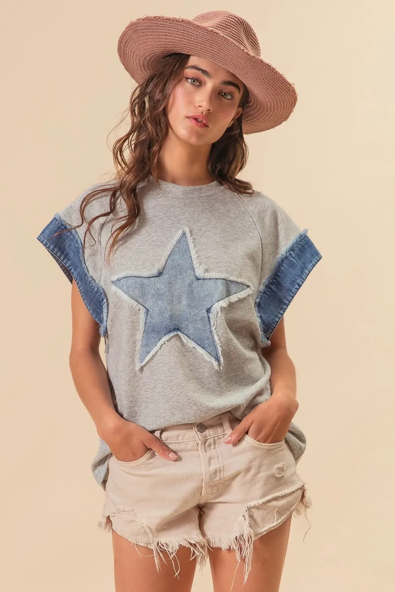 Bibi Star French Terry With Denim Frayed Edge Top