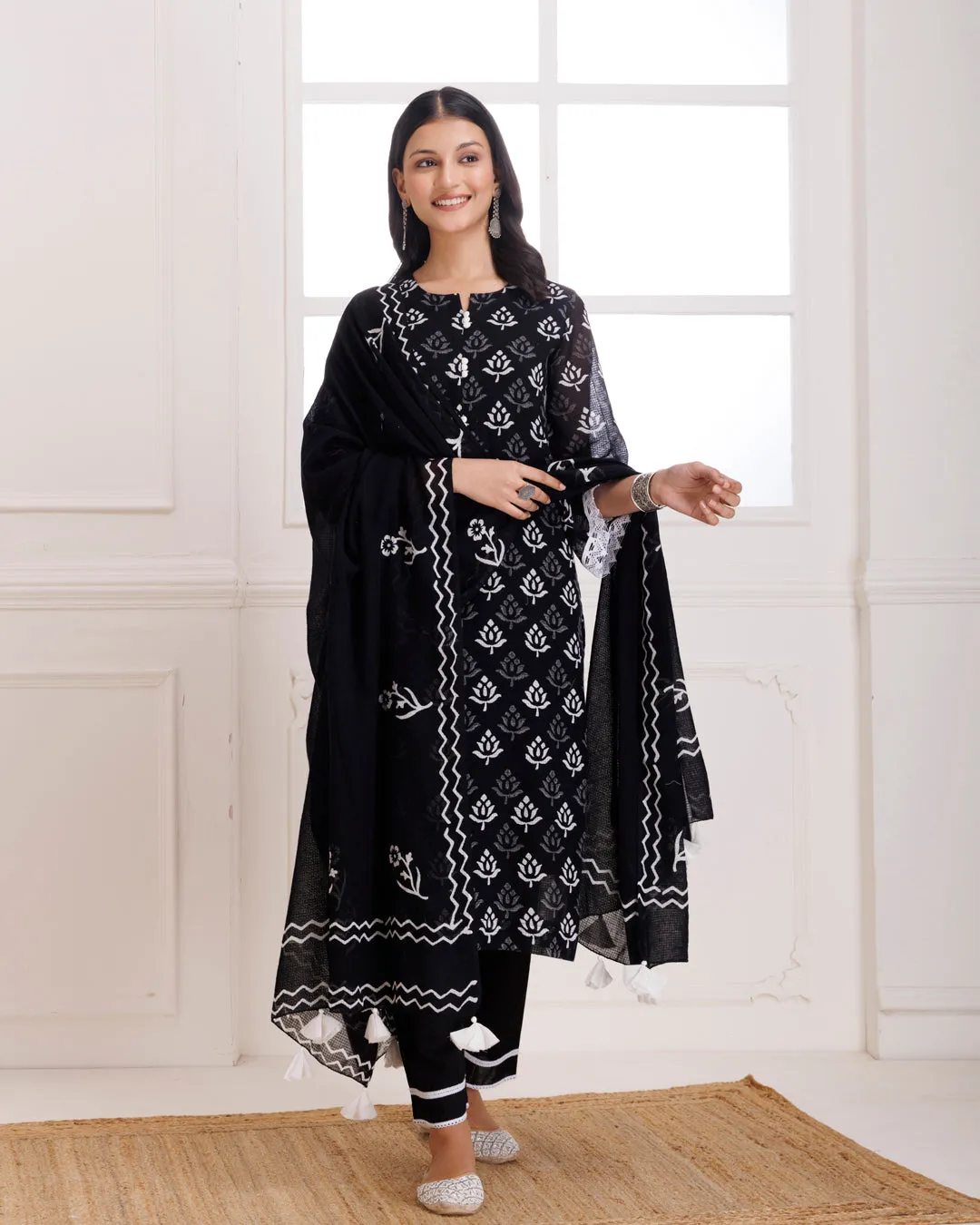 Black Butti Hand Block Printed Moonga Cotton Suit Set