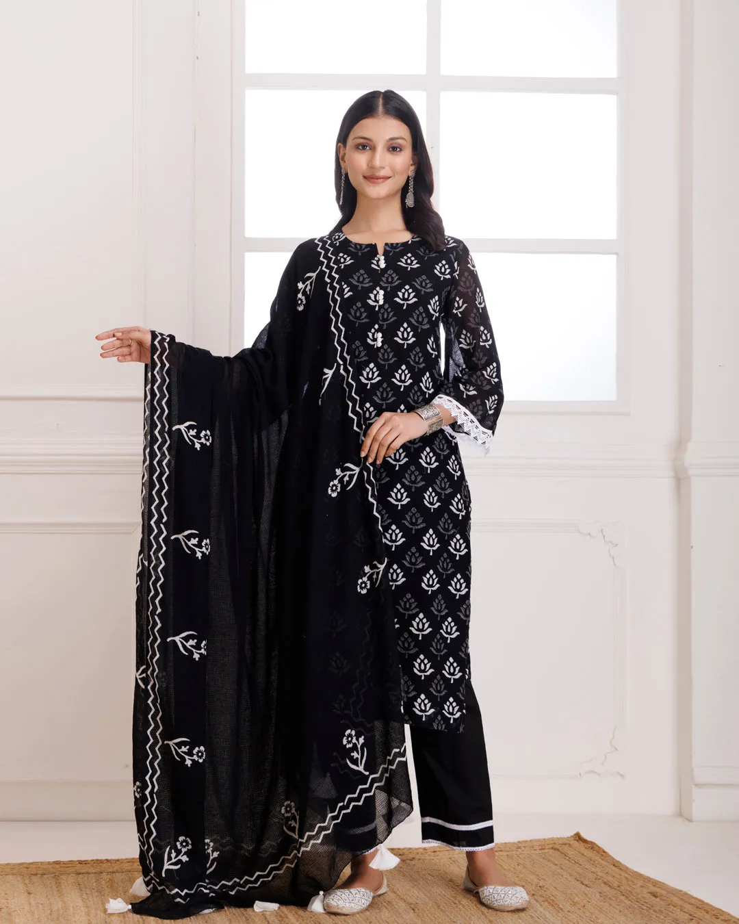 Black Butti Hand Block Printed Moonga Cotton Suit Set