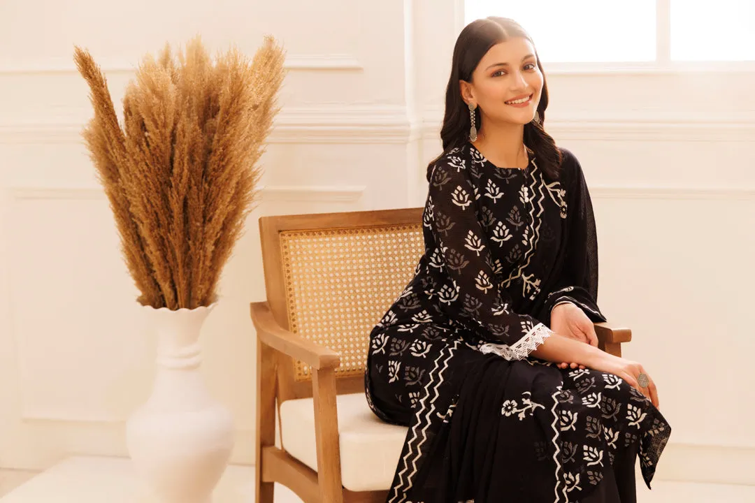 Black Butti Hand Block Printed Moonga Cotton Suit Set