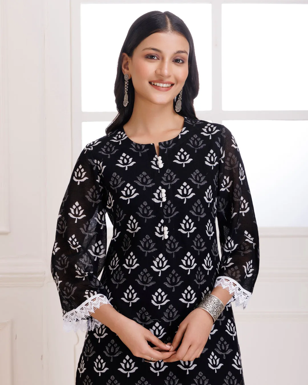 Black Butti Hand Block Printed Moonga Cotton Suit Set