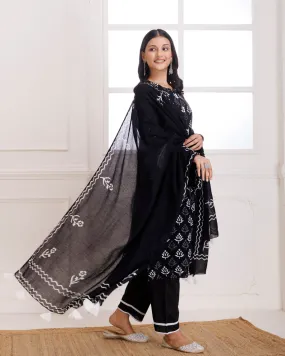 Black Butti Hand Block Printed Moonga Cotton Suit Set