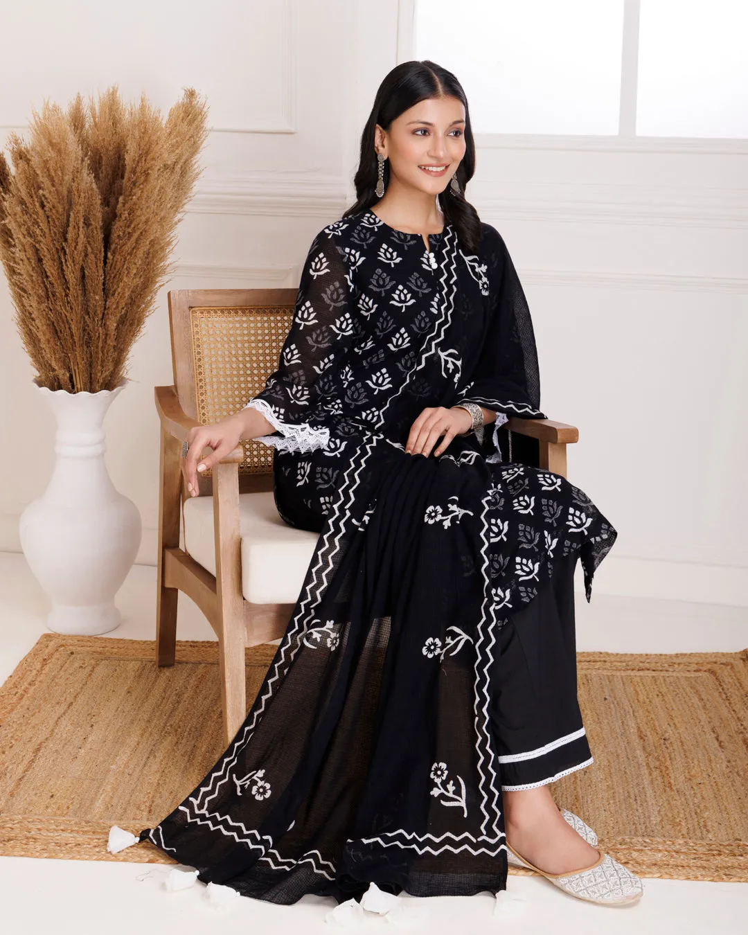 Black Butti Hand Block Printed Moonga Cotton Suit Set