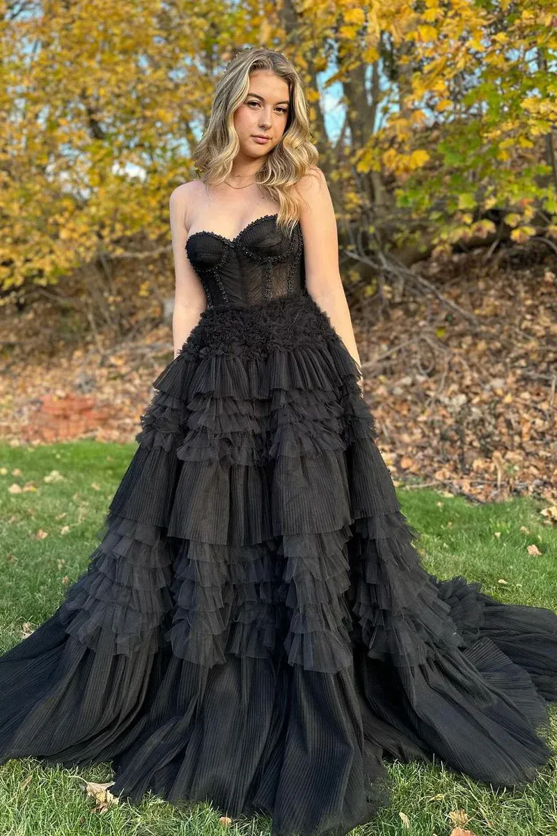 Black Tiered Tulle Long Sweetheart Prom Dresses,BD93095