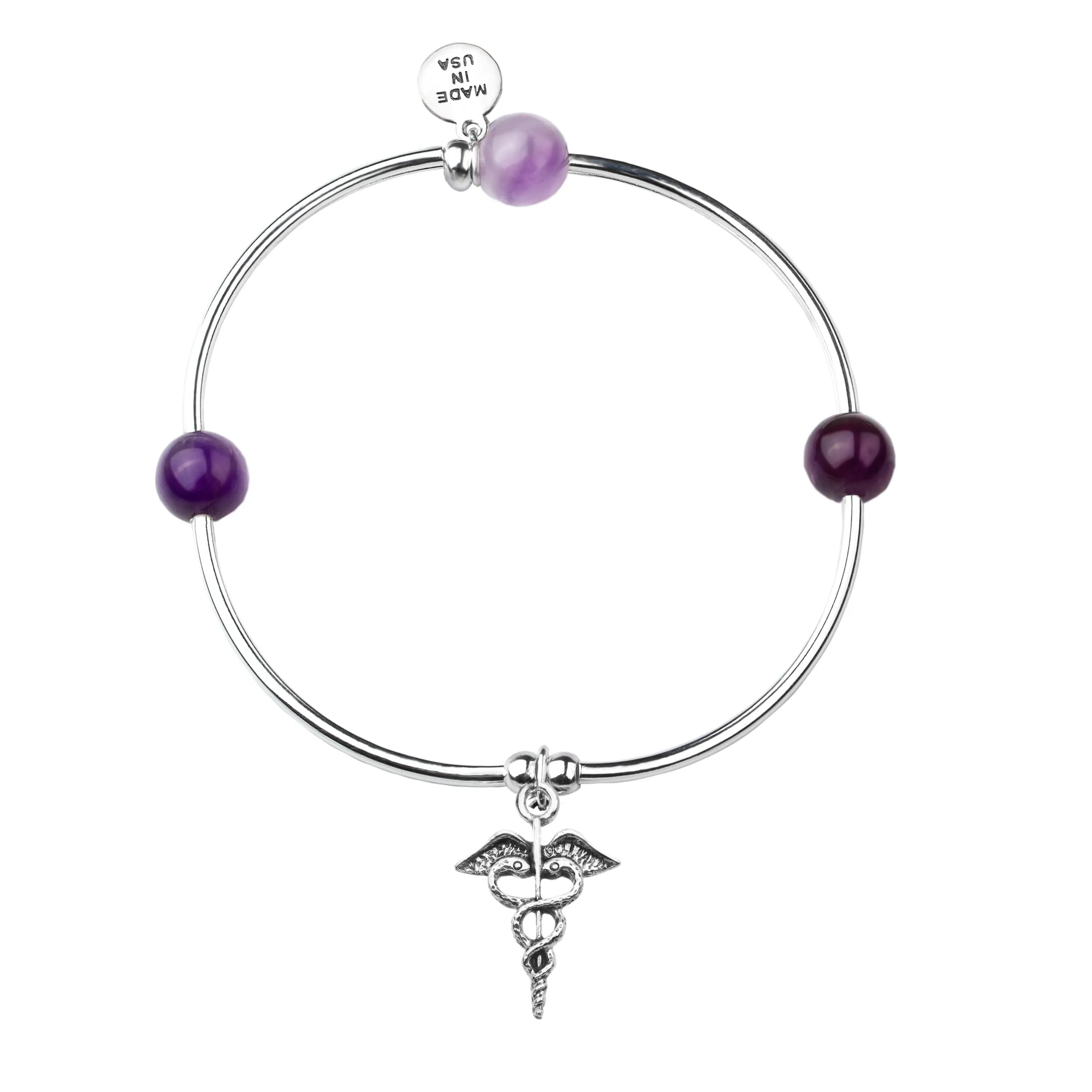 Caduceus (Medical Symbol) | Soft Bangle Charm Bracelet | Amethyst