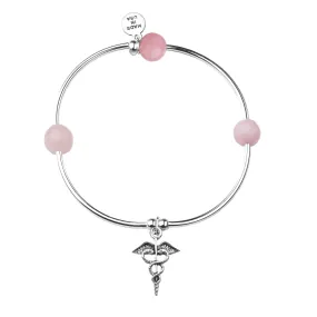 Caduceus (Medical Symbol) | Soft Bangle Charm Bracelet | Rose Quartz