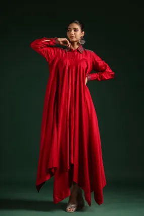 Crimson Red Satin Chanderi Silk Dress