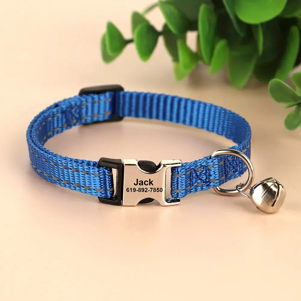 Engraved Custom Cat Collar Reflective Kitten Puppy Collars with Bell Personalized Pet Cats Collar Necklace Accessories 1cm Width