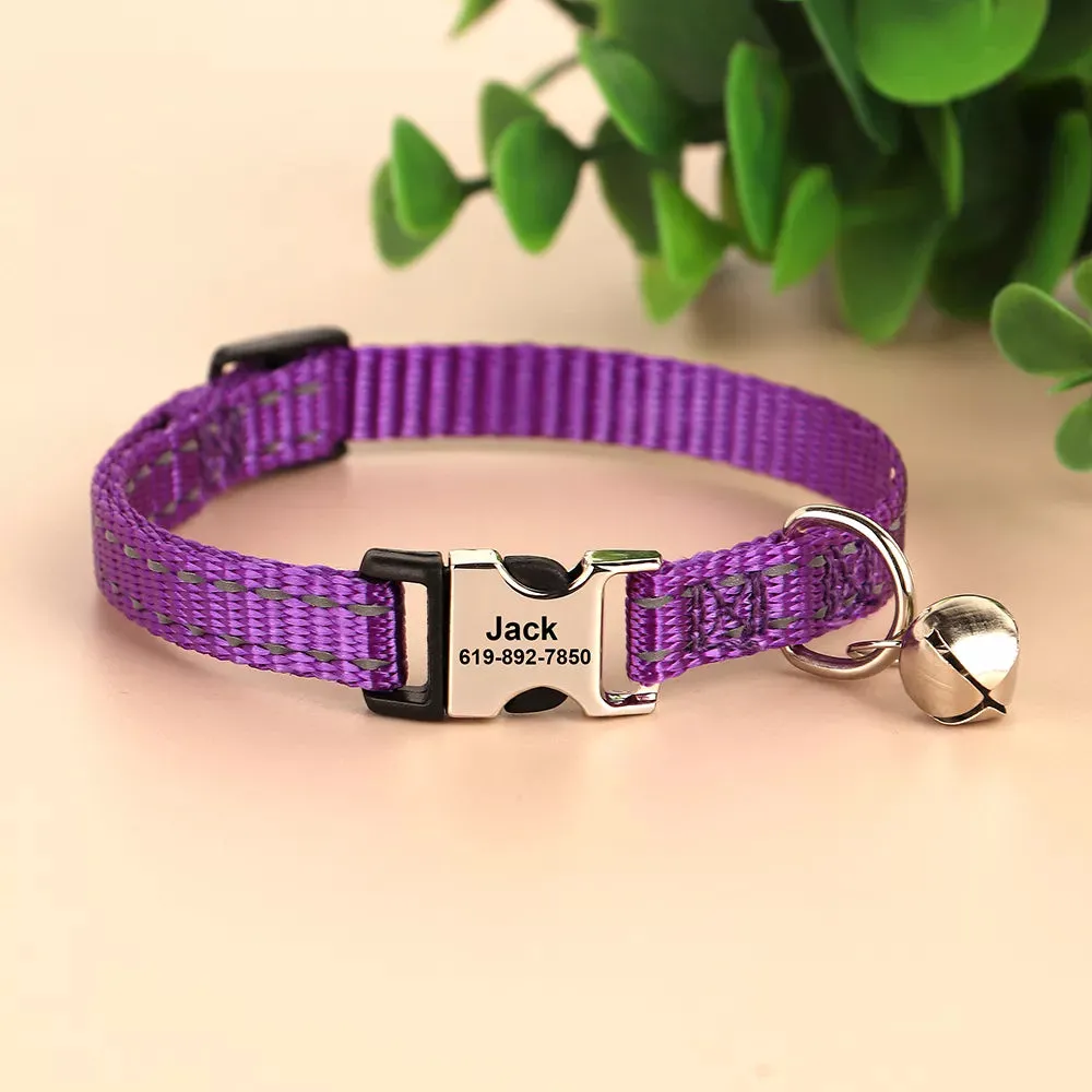 Engraved Custom Cat Collar Reflective Kitten Puppy Collars with Bell Personalized Pet Cats Collar Necklace Accessories 1cm Width