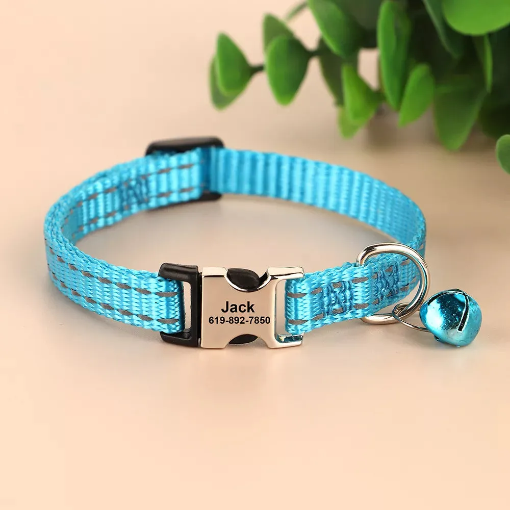 Engraved Custom Cat Collar Reflective Kitten Puppy Collars with Bell Personalized Pet Cats Collar Necklace Accessories 1cm Width