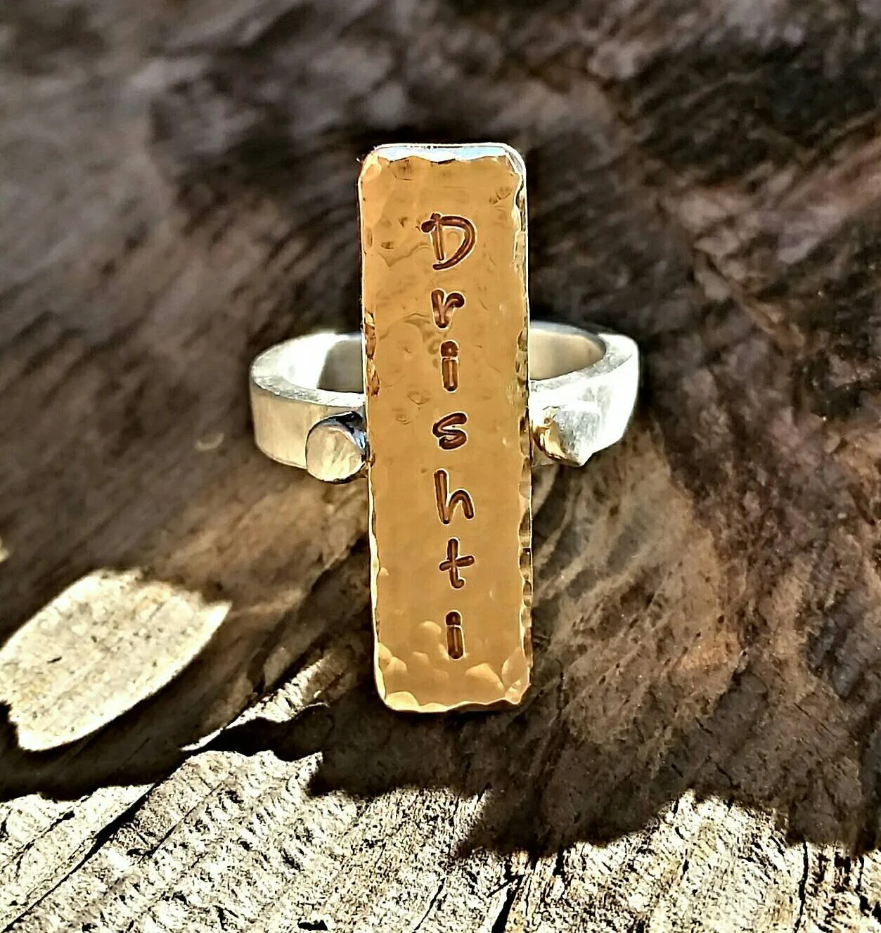 Gold Silver Mixed Metal Custom Engraved Ring, Handstamped Personalized Engraved Yoga Or Name Statement Ring, Inspirational Memory Jewelry