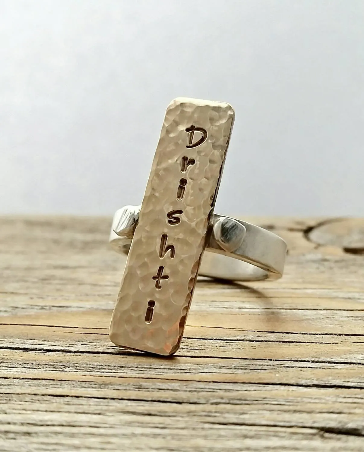 Gold Silver Mixed Metal Custom Engraved Ring, Handstamped Personalized Engraved Yoga Or Name Statement Ring, Inspirational Memory Jewelry