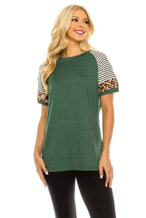 Haute Edition Women's Crew Neck Color Block Leopard Top. Plue Sizes Available