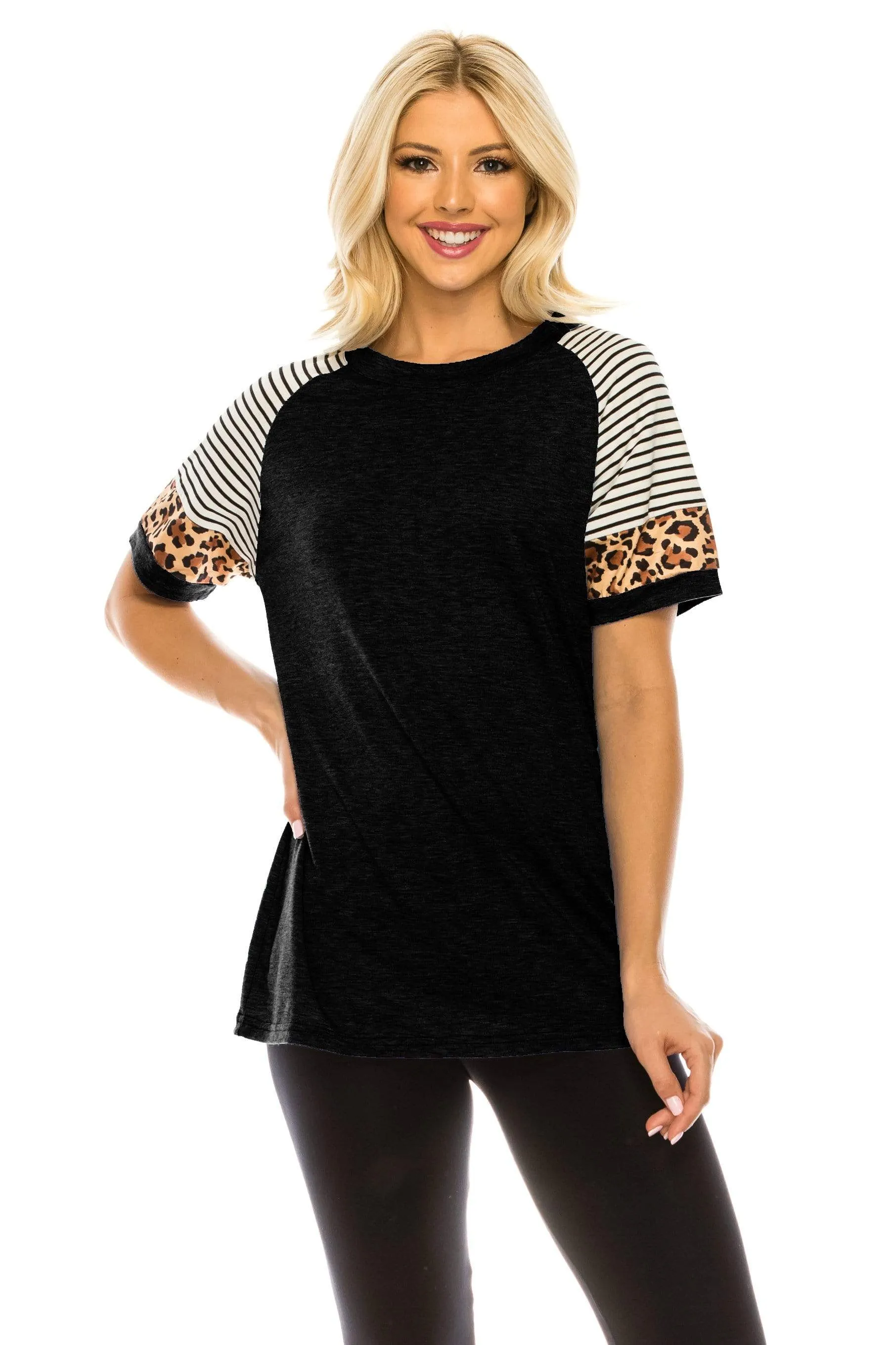 Haute Edition Women's Crew Neck Color Block Leopard Top. Plue Sizes Available