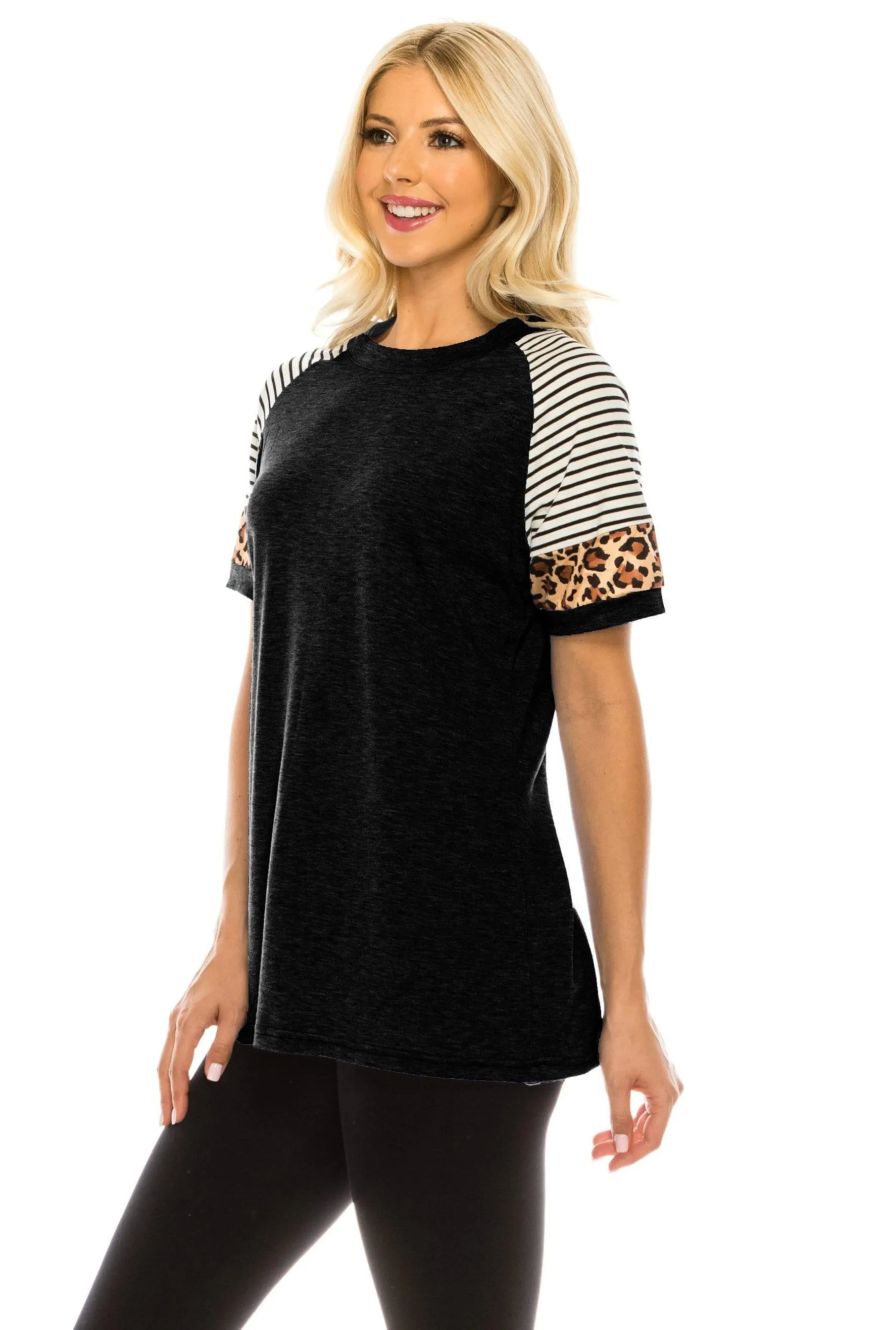 Haute Edition Women's Crew Neck Color Block Leopard Top. Plue Sizes Available