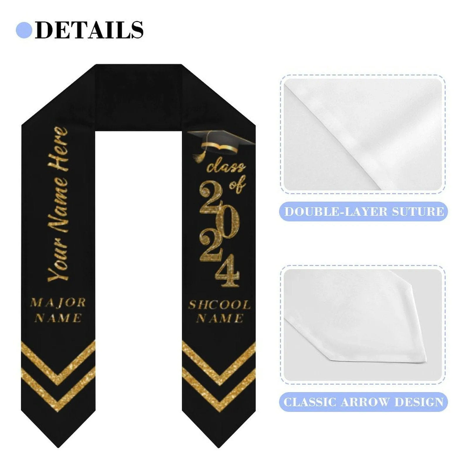 【Limited Time Discount】Custom Name Gold And Black Graduation Stoles Sash Class of 2024 Graduation Gift