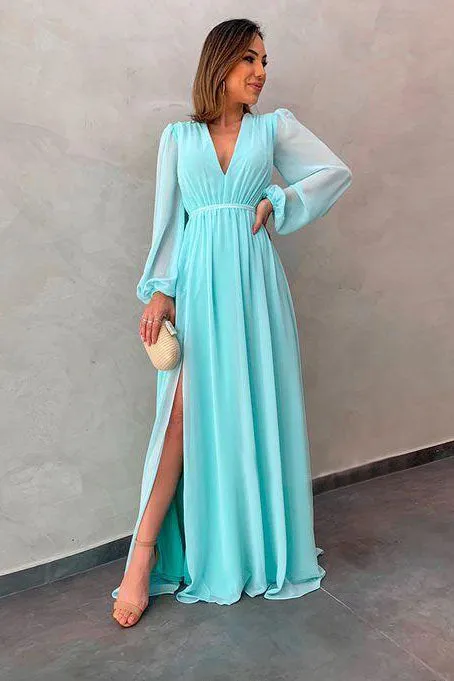 Long Chiffon Prom Dresses With Split A-Line V-Neck Long Sleeves