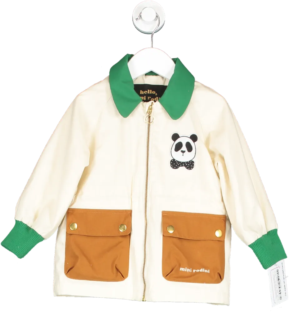 Mini Rodini Beige Spring Jacket With Panda Patch Made From Recycled Polyester And Organic Cotton 3 Years