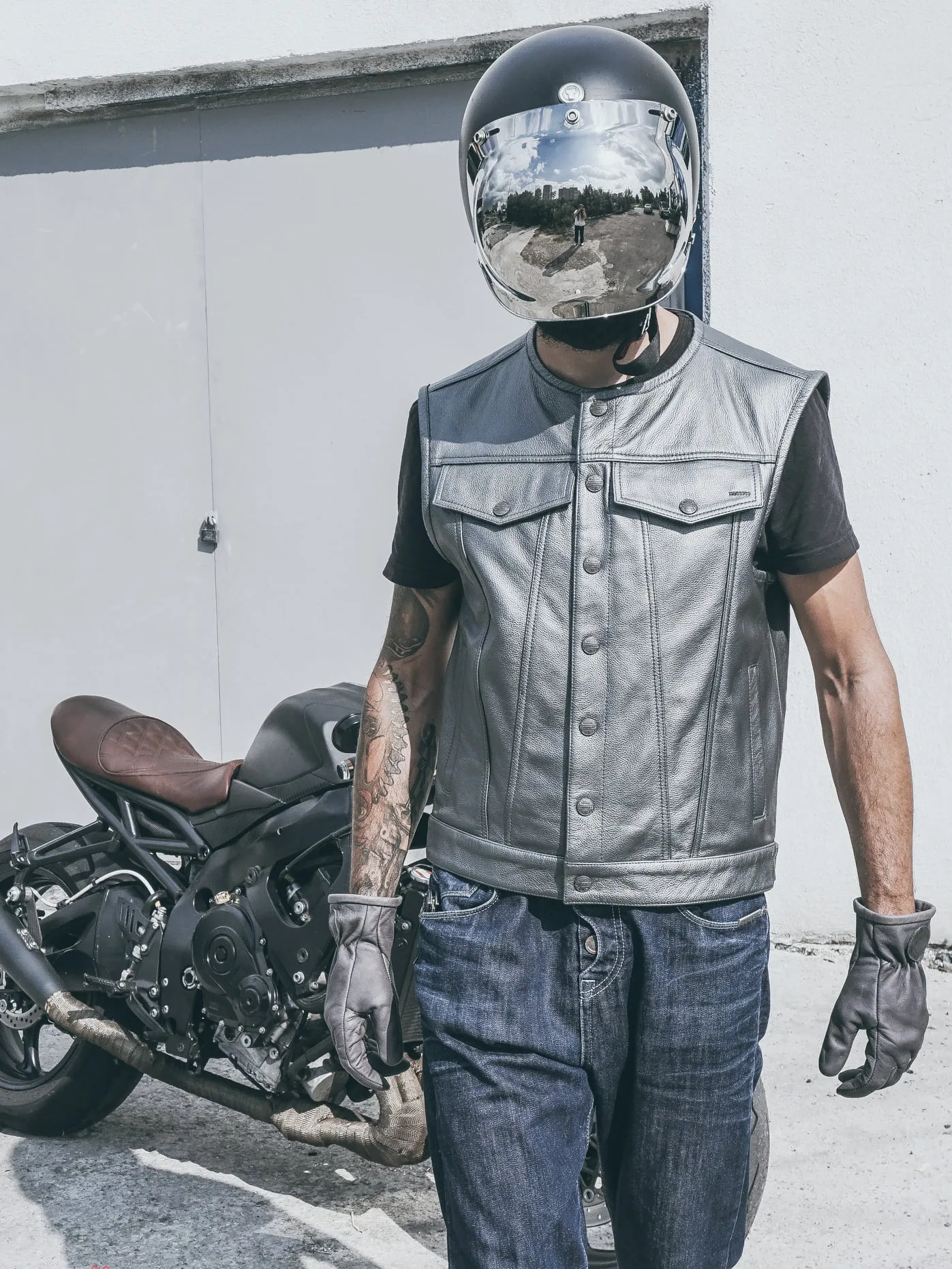 Motorcycle Club Leather Vest, Grey