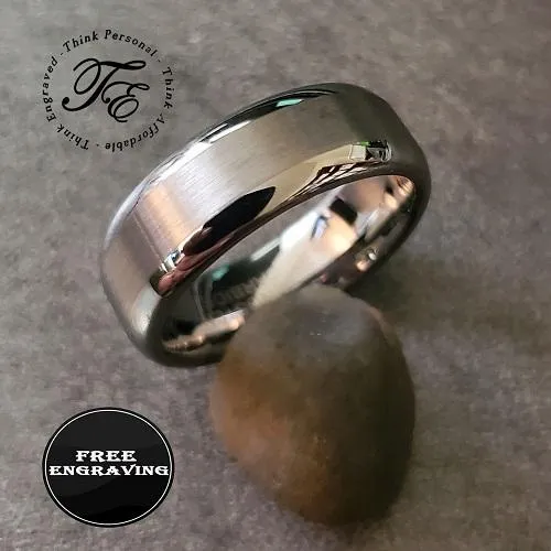 Personalized Men's Tungsten Wedding Ring - Brushed Steel Outer Band