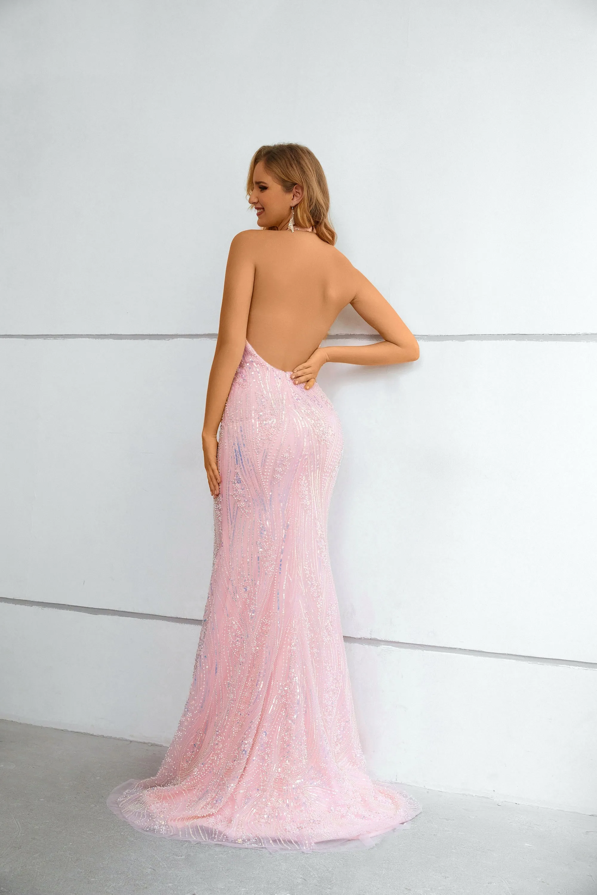 Pink Halter Backless Sequins Beading Mermaid Prom Dresses