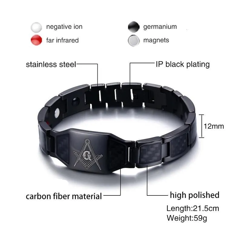 Stainless Steel Black Carbon Fiber Masonic Freemason Bracelet