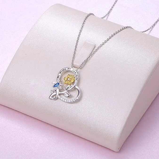 Sterling Silver Sunflower with Honey Bee Brave My Sunshine Pendant Necklace