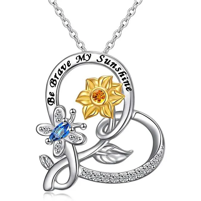 Sterling Silver Sunflower with Honey Bee Brave My Sunshine Pendant Necklace