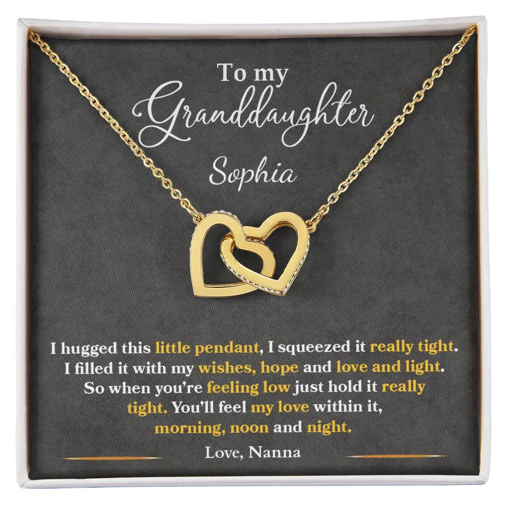 To My Granddaughter Gift, Custom Names, You'll Feel My Love Morning Noon and Night, Interlock Heart Pendant Necklace