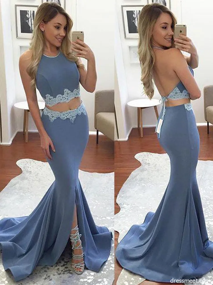 Two Piece Backless Mermaid Prom Dresses Long Party Dresses with Split Side